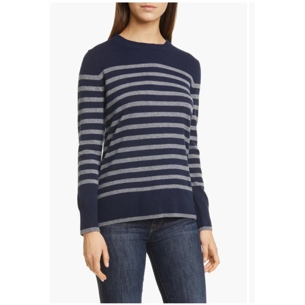 Nordstrom 100% Cashmere Crew Neck Sweater Blue Striped Size Small Classic Preppy